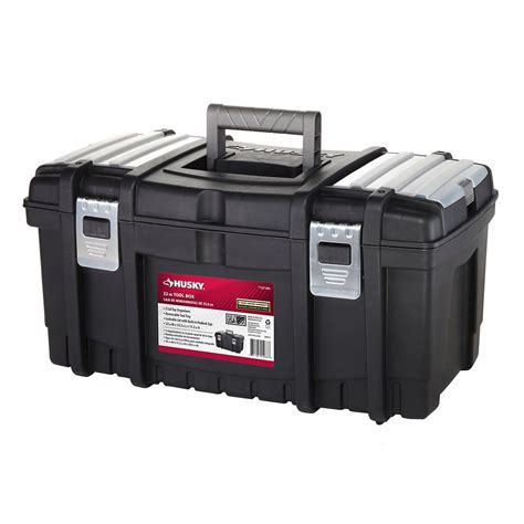 Husky 22 inch tool box - Model # 212788 Store SKU # 1000779545. This Husky Rolling Toolbox is heavy-duty for transporting power tools, parts, work gear and more at your home or job site. Its deep storage with tray included, handily holds 189L with the weight capacity of 100 lbs. and to secure your tools, this lockable toolbox comes with keys included.